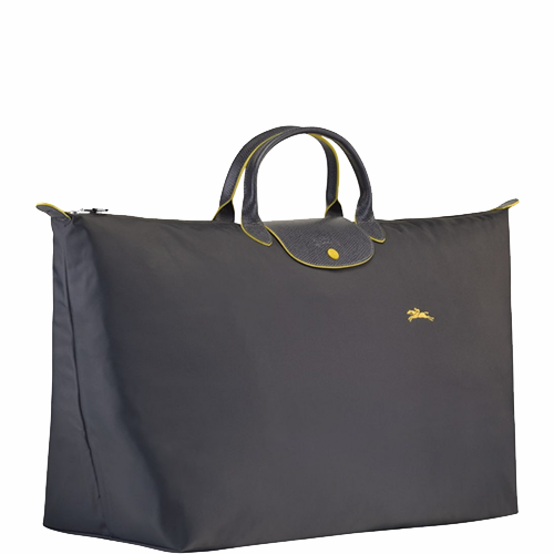 Grand sac de voyage en toile et cuir LONGCHAMP gamme Le Pliage Club couleur gris fusil