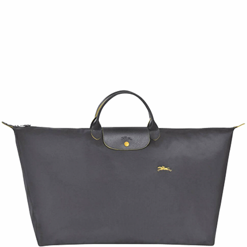 Grand sac de voyage en toile et cuir LONGCHAMP gamme Le Pliage Club couleur gris fusil