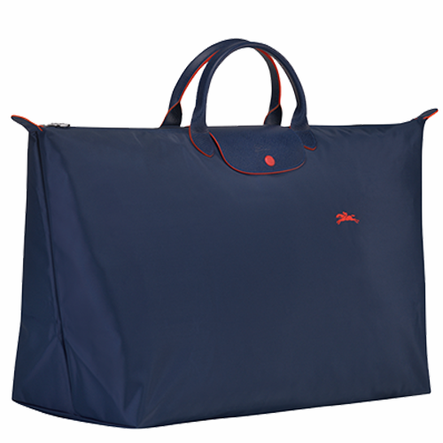 Grand sac de voyage en toile et cuir LONGCHAMP gamme Le Pliage Club couleur bleu marine