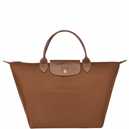 Sac à main en toile et cuir LONGCHAMP gamme Le Pliage Original couleur marron cognac