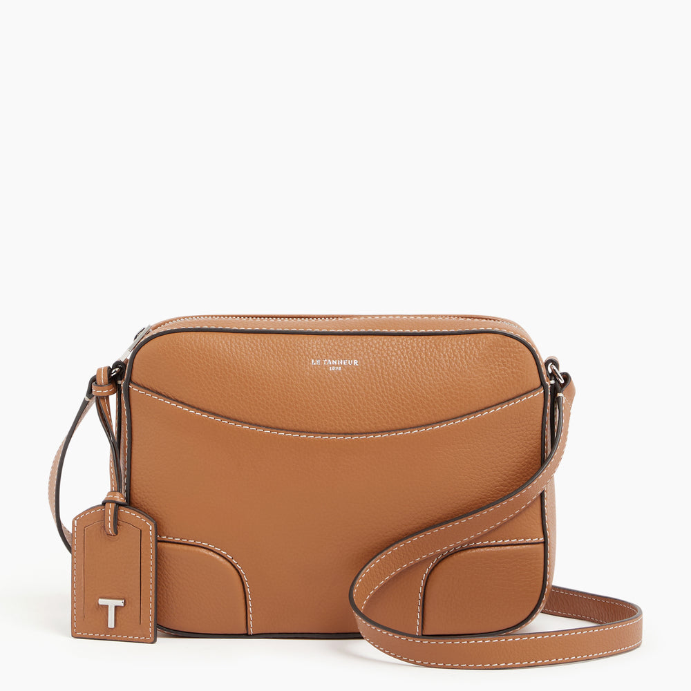Sac bandoulière femme moyen modèle Romy en cuir grainé couleur Marron tan - LE TANNEUR